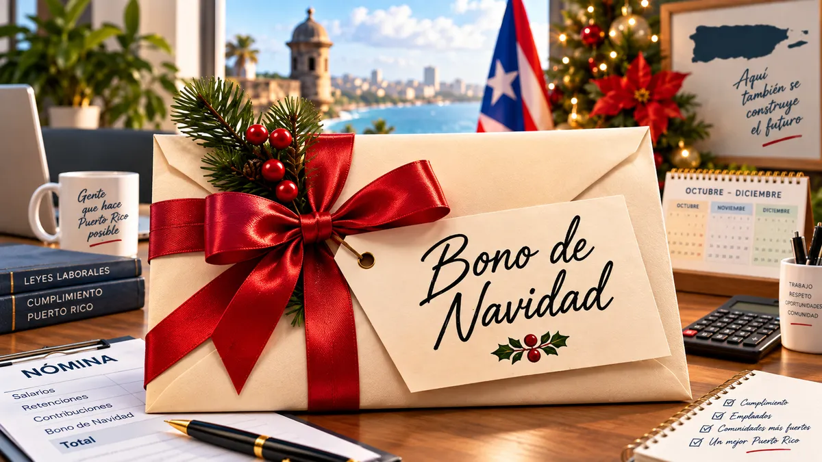 Escritorio con documentos de nómina, calendario navideño, calculadora y bandera de Puerto Rico para ilustrar el Bono de Navidad.